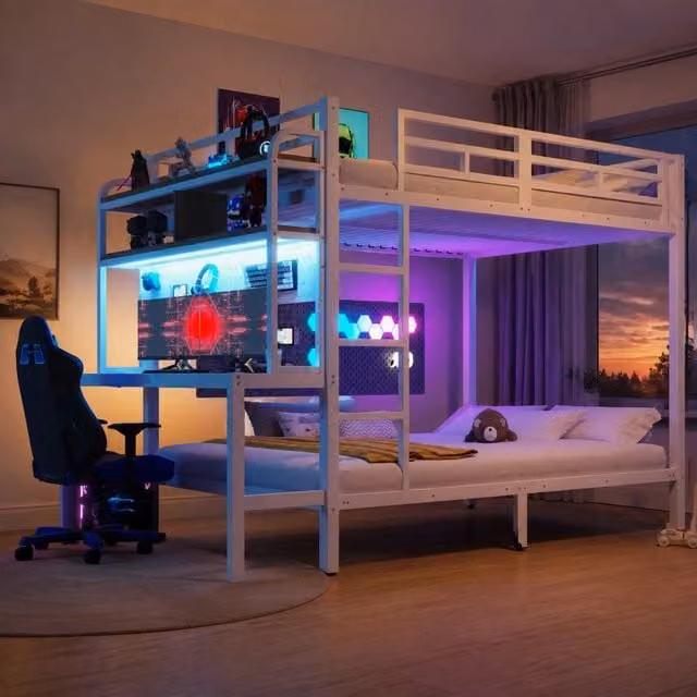 Letto a castello 140x200 cm in metallo e MDF; con scrivania; ripiani; LED e USB; bianco