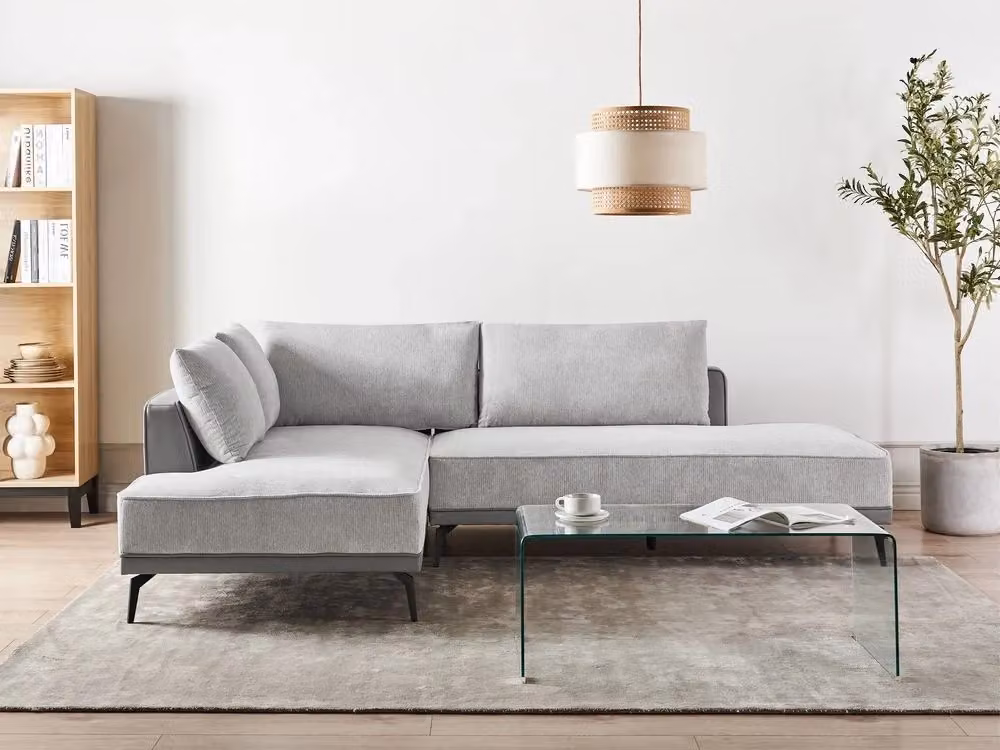 Divano angolare destro Beliani Grigio in tessuto e ecopelle con cuscini e coperture rimovibili L/P/H: 260 x 180 x 86 cm – 2