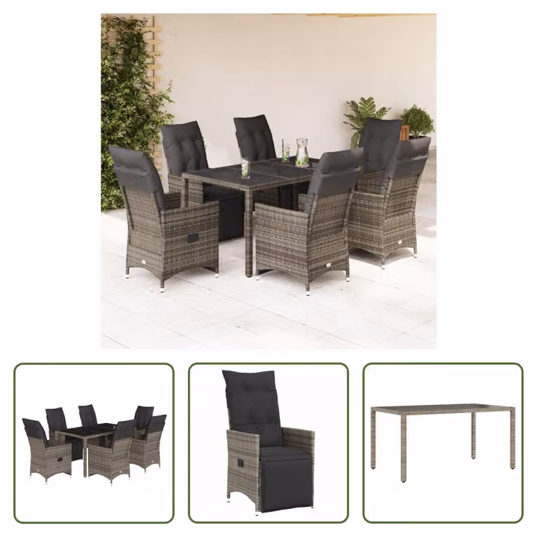 The Living Store Set bistrot da giardino 7 pezzi con cuscini in poly rattan grigio