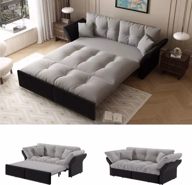 Divano Letto Estraibile 3 in 1 ¨C MINIMAL ¨C Velluto Grigio Chiaro con Cuscini