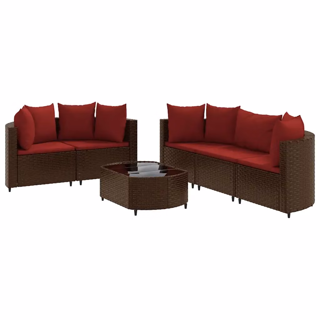 Set Divano da Giardino vidaXL 6 pz con Cuscini Marrone e Rosso in Polyrattan e Metallo – 2