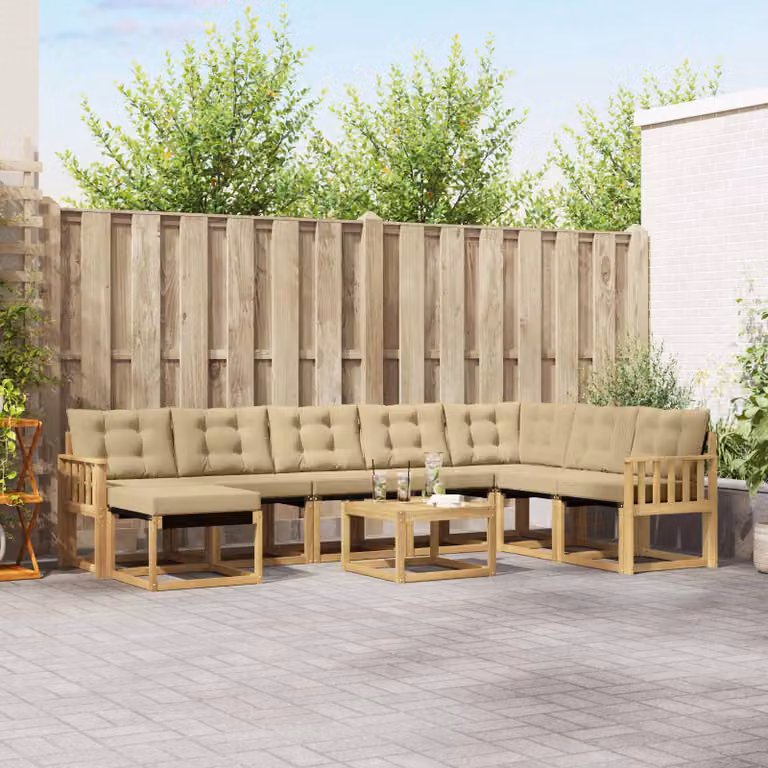 vidaXL Set di divani da esterno 9 pz a forma di L in legno di acacia con cuscini bianco, beige e marrone