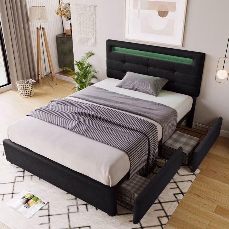 Flieks Letto imbottito con illuminazione a LED e testiera regolabile in altezza Letto singolo con rete a doghe e 2 cassetti Biancheria da letto 90x200cm