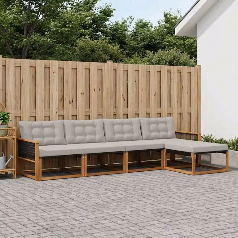 Set di divani da esterno a L vidaXL in legno di acacia trattato con sedute in textilene e cuscini inclusi, Beige e Grigio