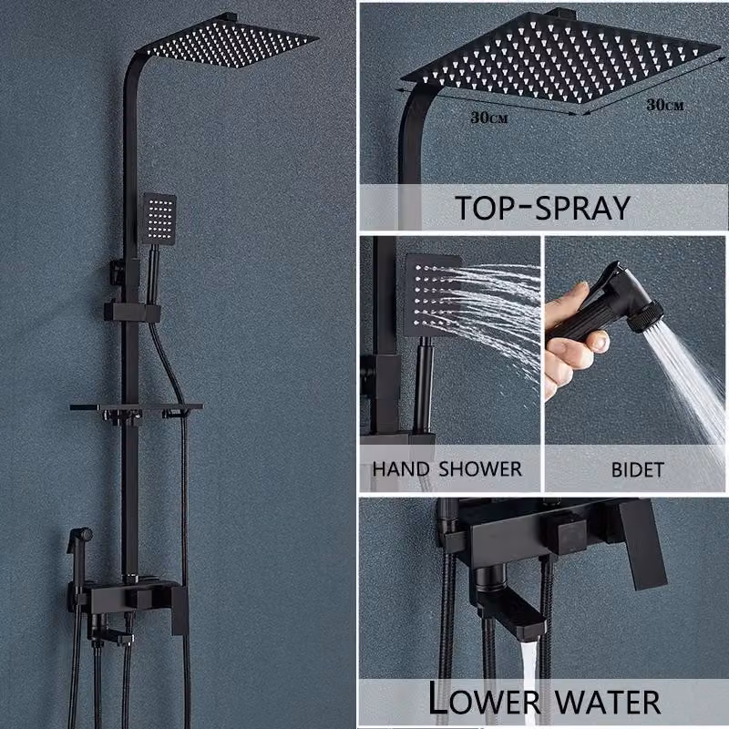 Sistema doccia per vasca da bagno - Miscelatore da parete con erogatore - Deviazione a 4 vie - Doccia a pioggia da 30 cm + soffione manuale + rubinetto di riempimento per vasca - Nero/Cromo