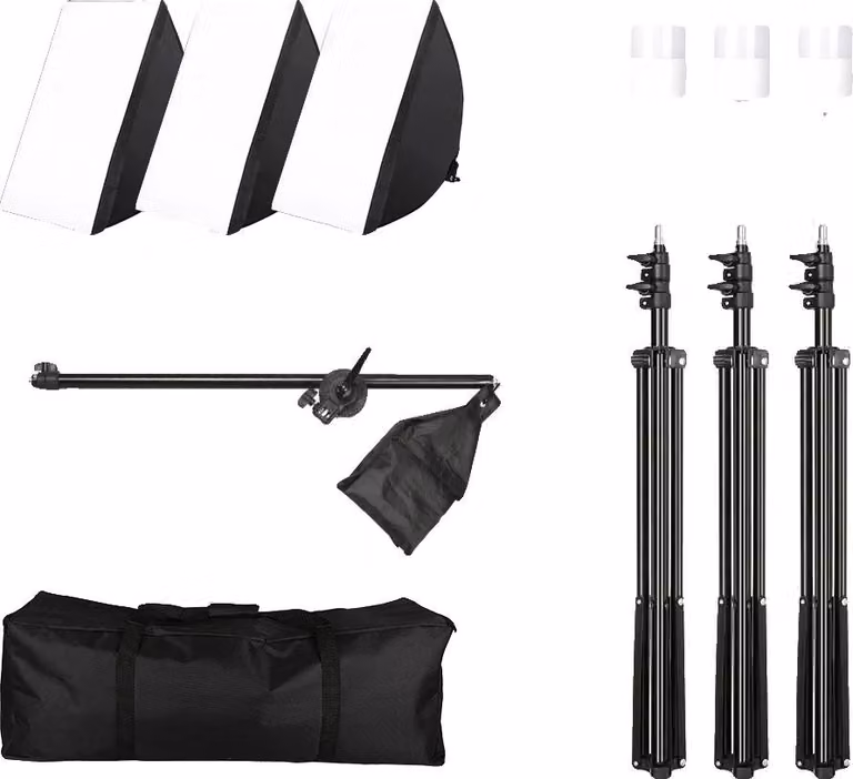 Set di illuminazione con softbox, stativo regolabile, compatibile con attacchi E27, 3 lampadine da 30 W