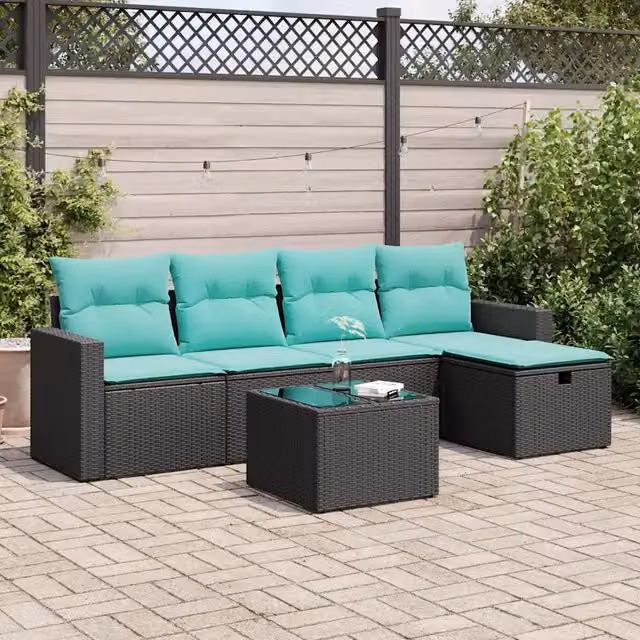 Set Divano da Giardino a L vidaXL in Polyrattan Nero con Cuscini e Tavolino da Esterno – 1