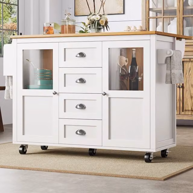 Isola da cucina REDOM bianca con 4 cassetti e ruote, L/P/H: 137,9 x 73 x 92,5 cm