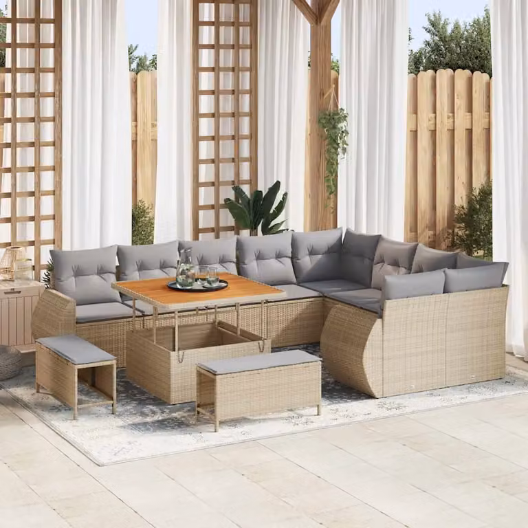 Set Divano da Giardino vidaXL 12 Pezzi Beige con Cuscini e Tavolino in Polyrattan e Acciaio