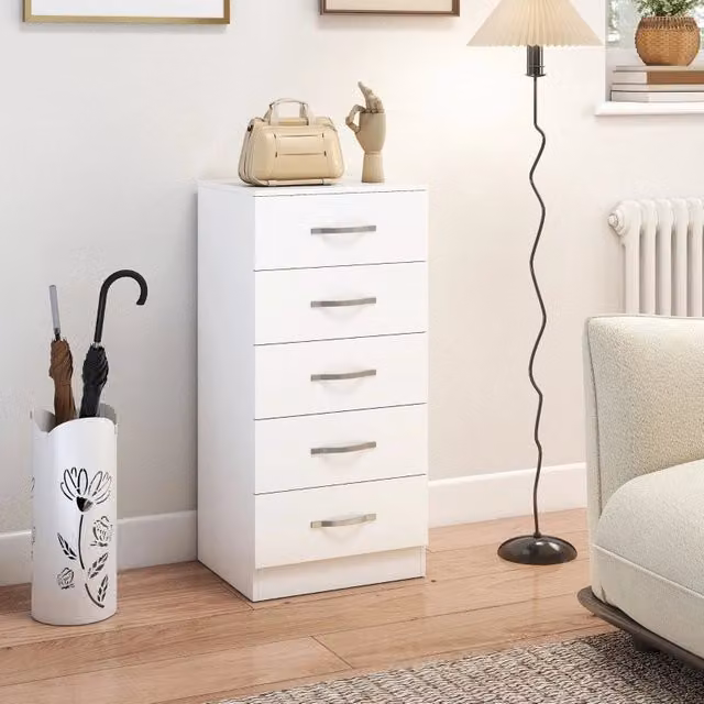 Cassettiera FOLYNA con 5 cassetti per camera e soggiorno in MDF bianco, L: 40 cm, P: 35 cm, H: 85 cm