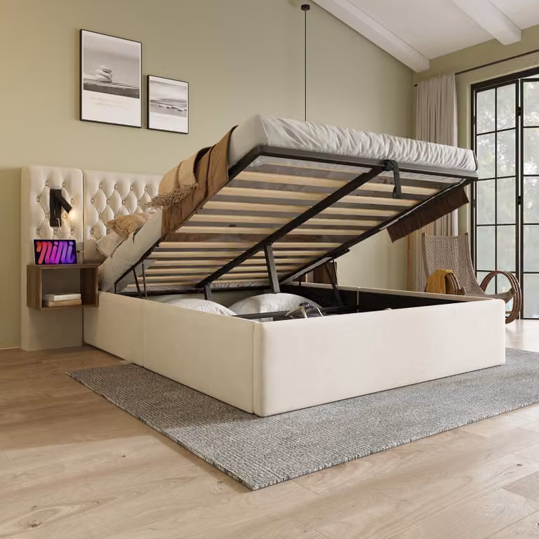 Letto imbottito idraulico Flieks 160x200cm con USB e comodino, letto matrimoniale box spring con lampada da lettura, letto contenitore letto in legno velluto, beige