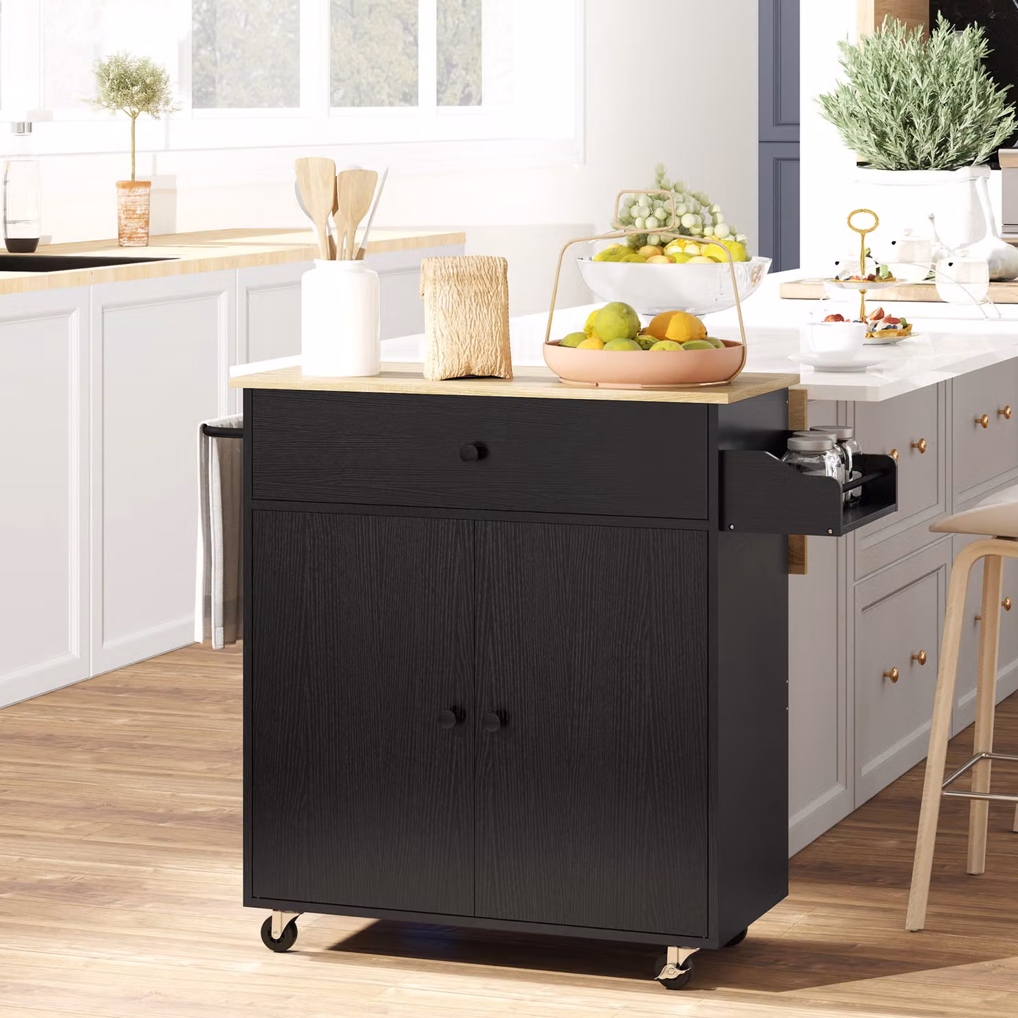 Carrello cucina HOMCOM moderno con cassetto, armadietto, barra portasciugamani e piano ribaltabile, nero e quercia – 2