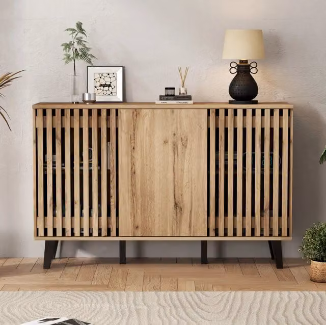 Libreria Laterale 150x40x95 cm con 3 Ante e 6 Ripiani, Colore Legno Naturale e Gambe Nere in PVC