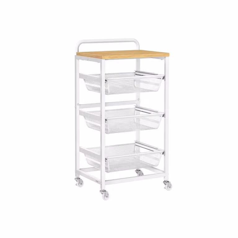Carrello da cucina con ripiani multipli cesti scorrevoli e rotelle, Rovere Dorato + Bianco Opaco / 4 Ripiani