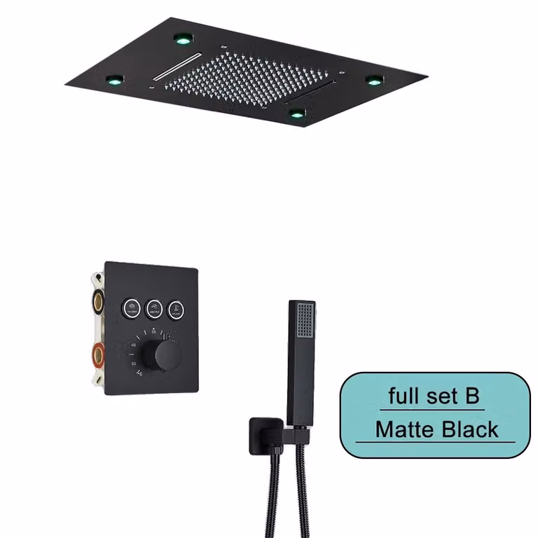 Set di rubinetti per doccia, sistema a pioggia e cascata con LED a soffitto, telecomando, set completo nero B