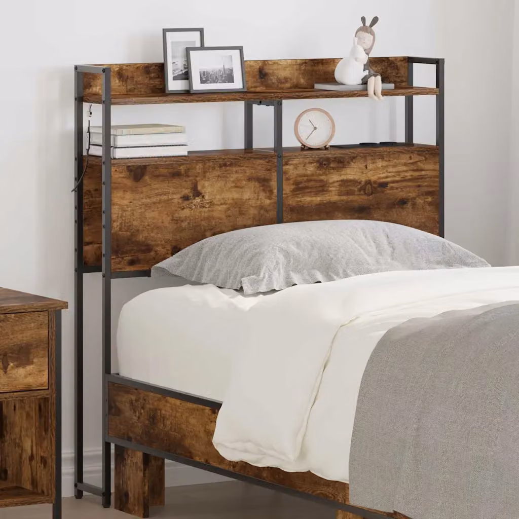 Testata letto con contenitore vidaXL in legno ingegnerizzato e metallo, colore rovere fumo, con illuminazione integrata, mensola e porta USB