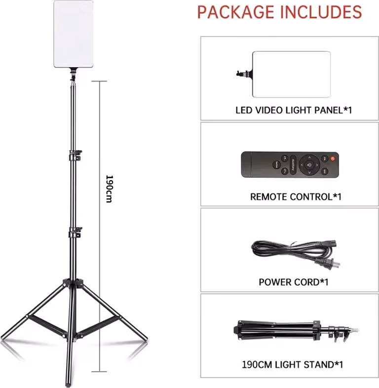 Pannello luminoso a LED per video, con temperatura di colore regolabile (bi-color), luminosità regolabile da 5 a 100, e treppiede da 200 cm