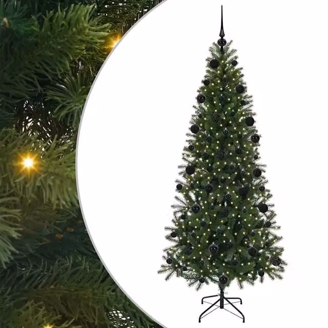Albero di Natale artificiale verde con 300 LED luce bianca calda in PE e PVC, Altezza: 210 cm