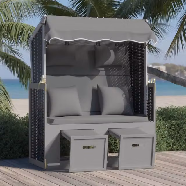 Sedia a sdraio Strandkorb vidaXL in Polyrattan e Legno di Abete con Cuscini e Tendalino, Colore Antracite e Nero