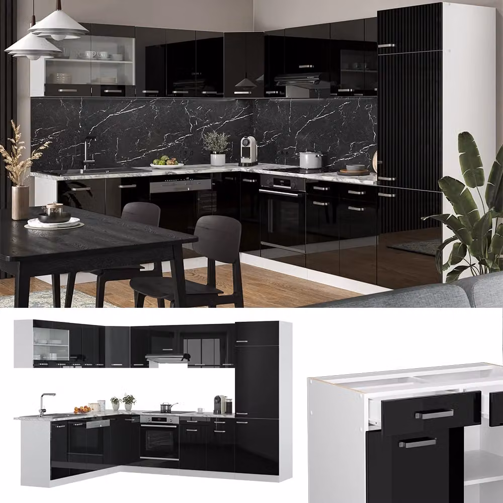 Cucina angolare moderna R-Line Vicco in nero lucido e bianco con piano antracite, L/P/H: 287 x 227 x 85 cm – 2