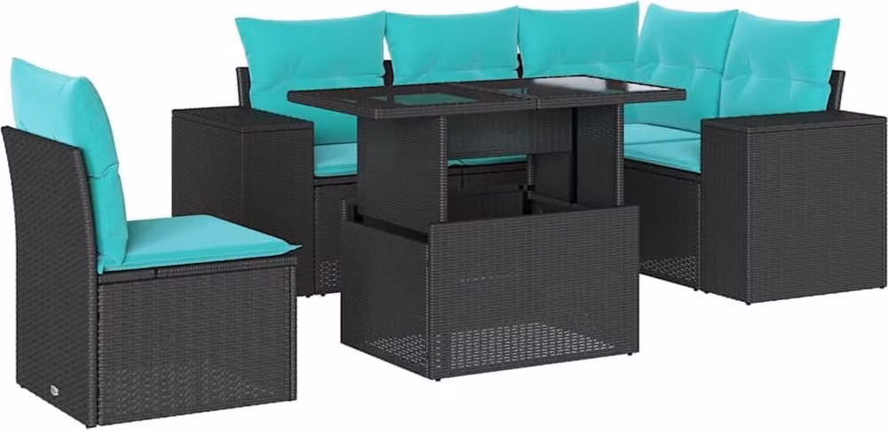set di 6 divani da giardino con cuscini, in polyrattan nero