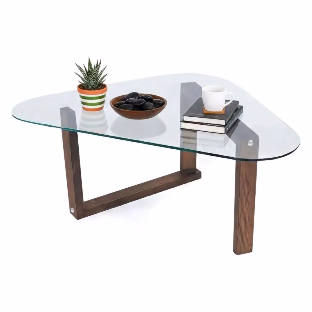Tavolino da salotto moderno DMORA con piano in vetro trasparente e struttura in legno marrone, forma ovale, L: 81 cm, P: 96 cm, H: 41 cm – 2