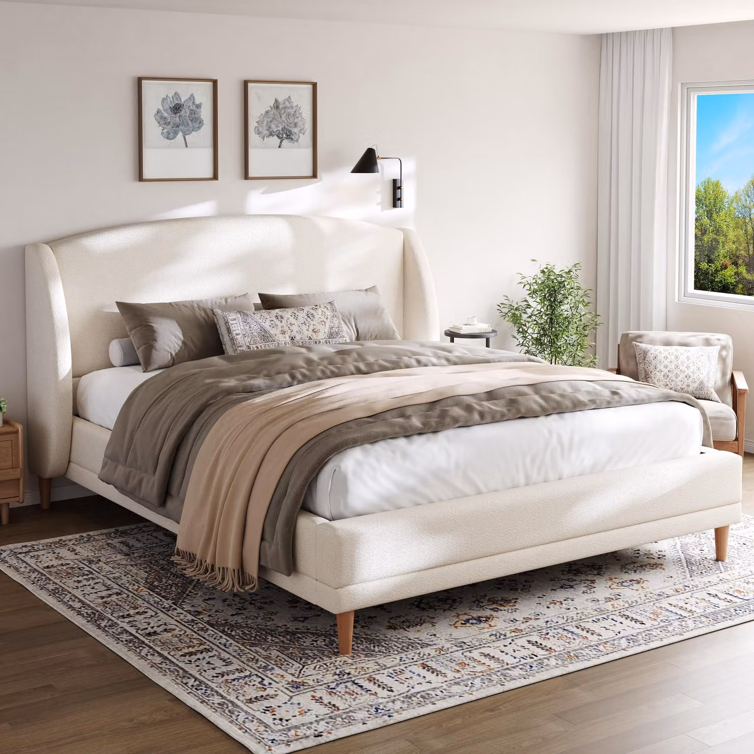 okwish Letto imbottito 140x190 cm / letto matrimoniale con rete a doghe in legno massello, telaio del letto con gambe in legno di gomma, letto per ragazzi dal design arcuato, bianco (senza materasso)