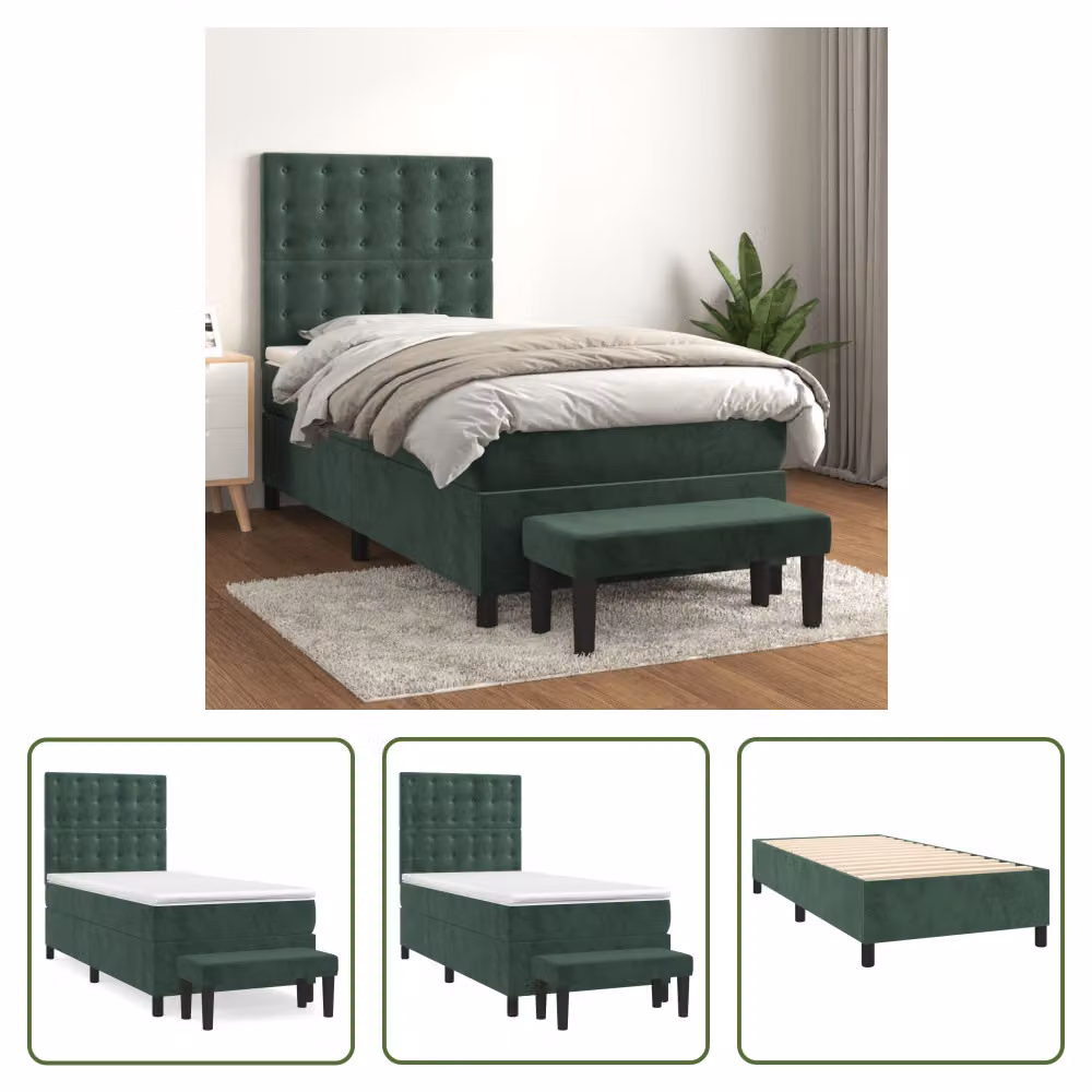 The Living Store Letto a molle con materasso verde scuro 90x190 cm in velluto