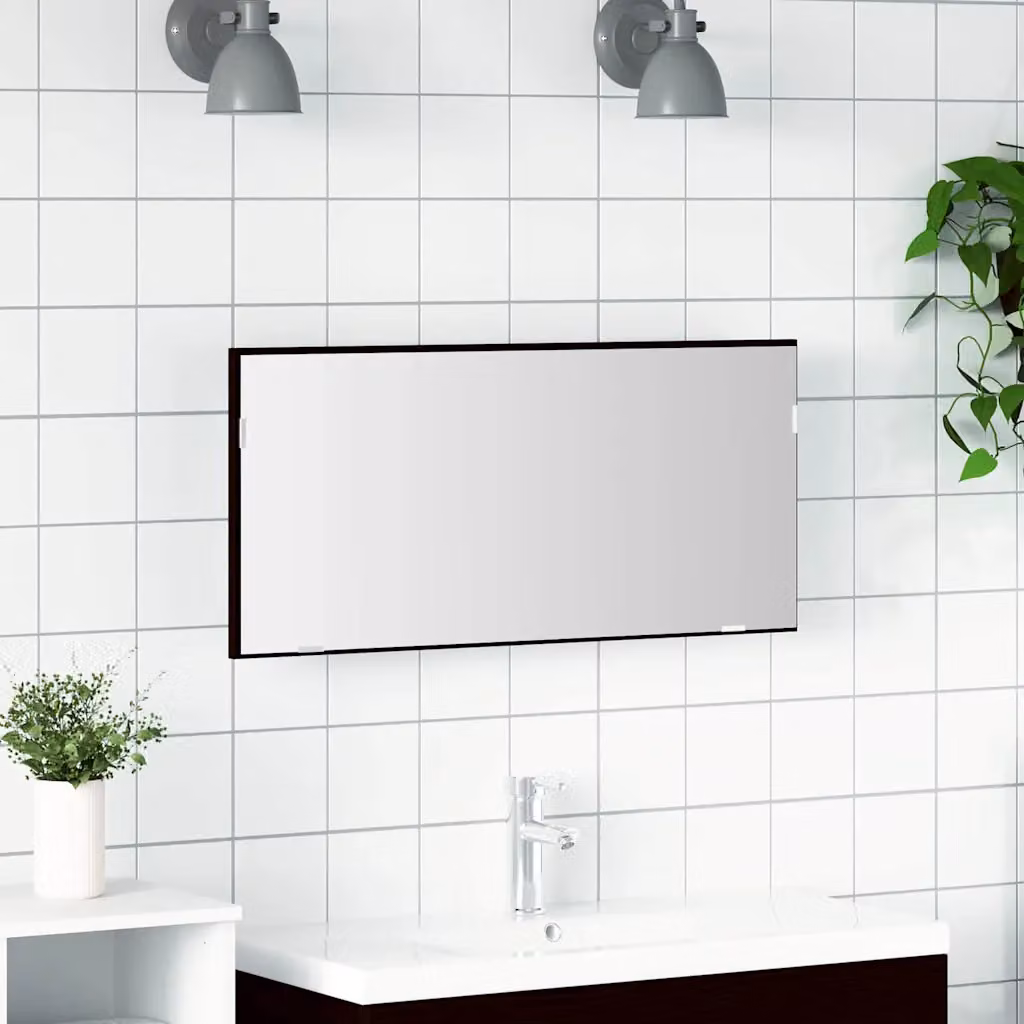 Specchio da parete moderno vidaXL con luce LED in vetro e legno, nero, L: 80 cm, P: 37 cm