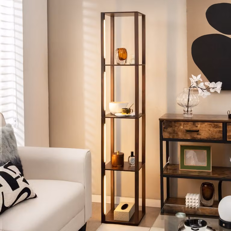 Lampada da terra moderna Costway in legno color noce con LED dimmerabili e regolabili, Altezza: 163 cm