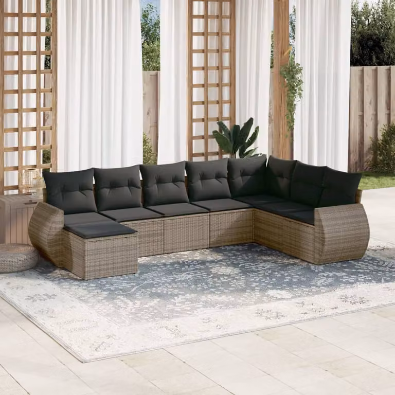 vidaXL Set Divano da Giardino 8 pz in Polyrattan Grigio con Cuscini e Ottoman