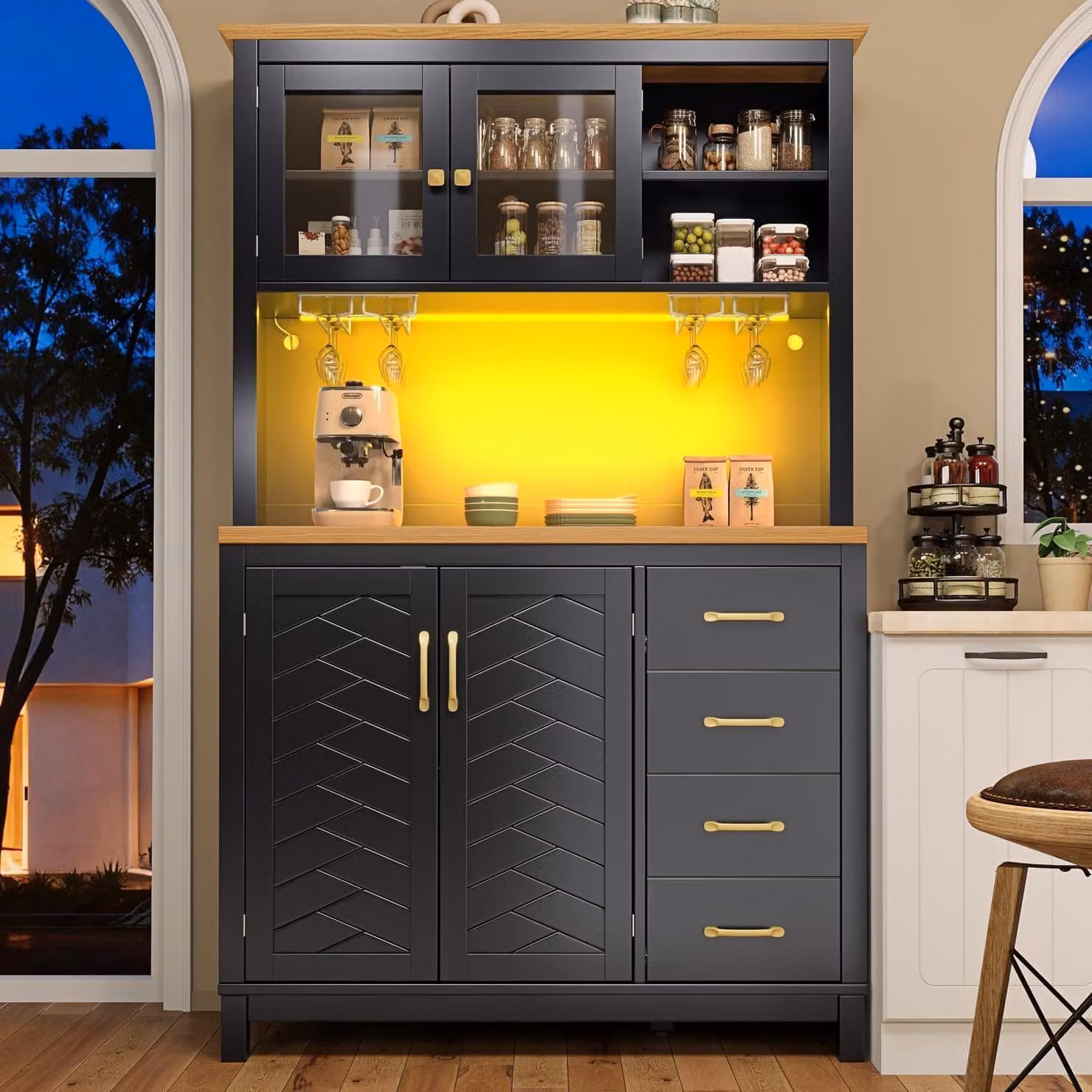 Armadio alto da cucina con illuminazione a LED e piano di lavoro, mobile contenitore con cassetti, dimensioni 140x40x185,7 cm, colore nero