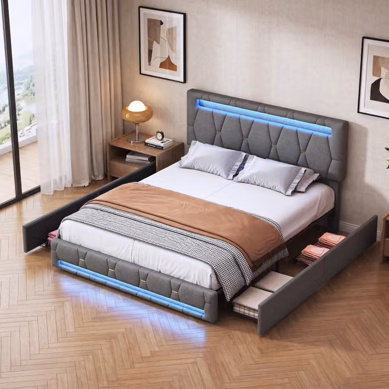 Letto imbottito INONEFT, 160x200 cm, con 4 cassetti, poggiatesta regolabile in altezza, letto matrimoniale con LED e rete a doghe, letto multifunzionale con contenitore, rivestito in lino