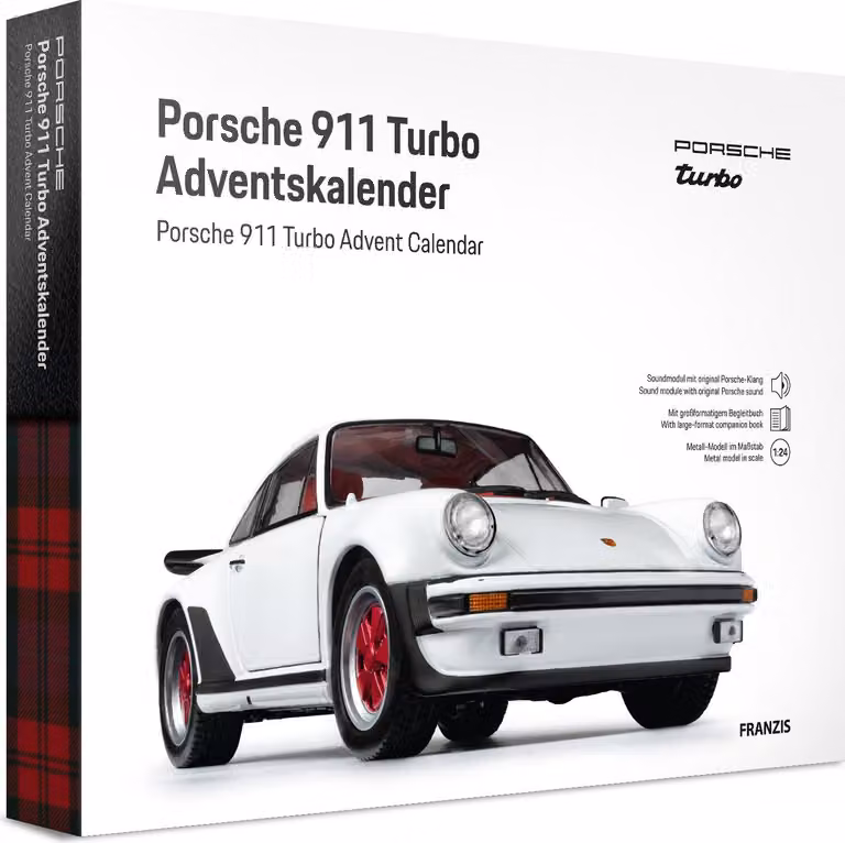 FRANZIS 67322 - Calendario dell'Avvento Porsche 911 Turbo - Kit di modellismo in scala 1:24, completo di base sonora e libro di accompagnamento di 52 pagine
