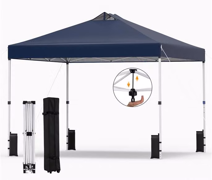 KOMFOTTEU, padiglione da giardino 3x3 metri, con sistema a un pulsante, tetto rivestito in argento, struttura resistente, sacchi di sabbia, picchetti e corde. Tenda portatile per picnic e feste (blu)