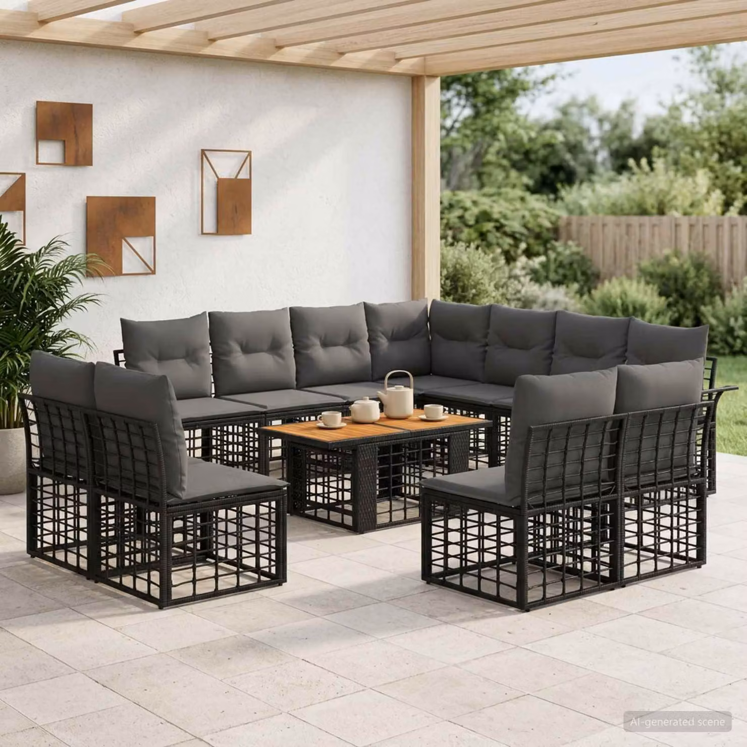 Set Divano da Giardino vidaXL 12 Pezzi in Polyrattan e Legno di Acacia con Cuscini, Colore Nero e Grigio
