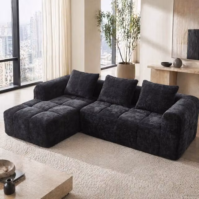 Divano angolare 250x158x60 cm in chenille nero con vano laterale, per spazi piccoli –