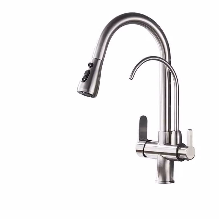 Miscelatore da cucina, design a due manopole, funzione spray estraibile, finitura in nichel spazzolato