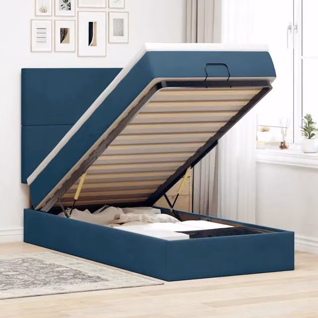 Letto con contenitore a sollevamento vidaXL in velluto blu e bianco con illuminazione sottostante e porta USB L: 200 cm, P: 80 cm, H: 140 cm