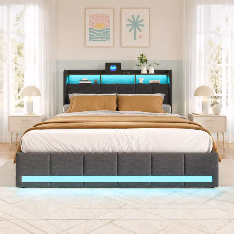 Letto imbottito INONEFT, 160x200 cm, tessuto in lino, colore grigio. Letto matrimoniale con 4 cassetti e illuminazione LED. Testiera con spazio contenitivo e porta USB Type-C. Letto funzionale per ragazzi, completo di rete