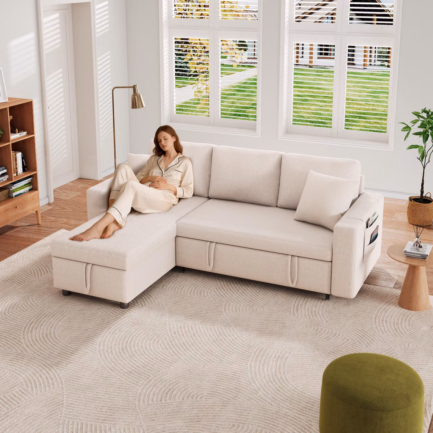 Divano angolare Merax a 3 posti con funzione letto, divano a L con box letto, divano a tasca laterale, divano letto, divano letto, set divano letto, divano, beige