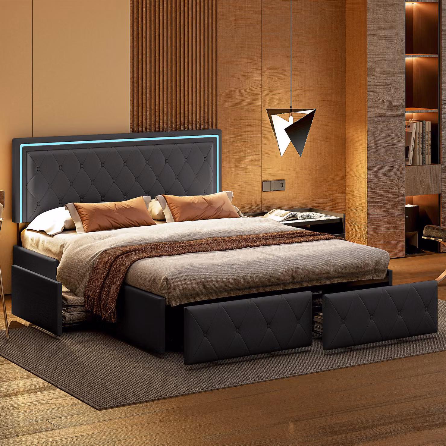 Letto matrimoniale per adulti, 140 x 200 cm, 4 cassetti, imbottito, con luce LED, rete a doghe,Poliuretanogrigio.