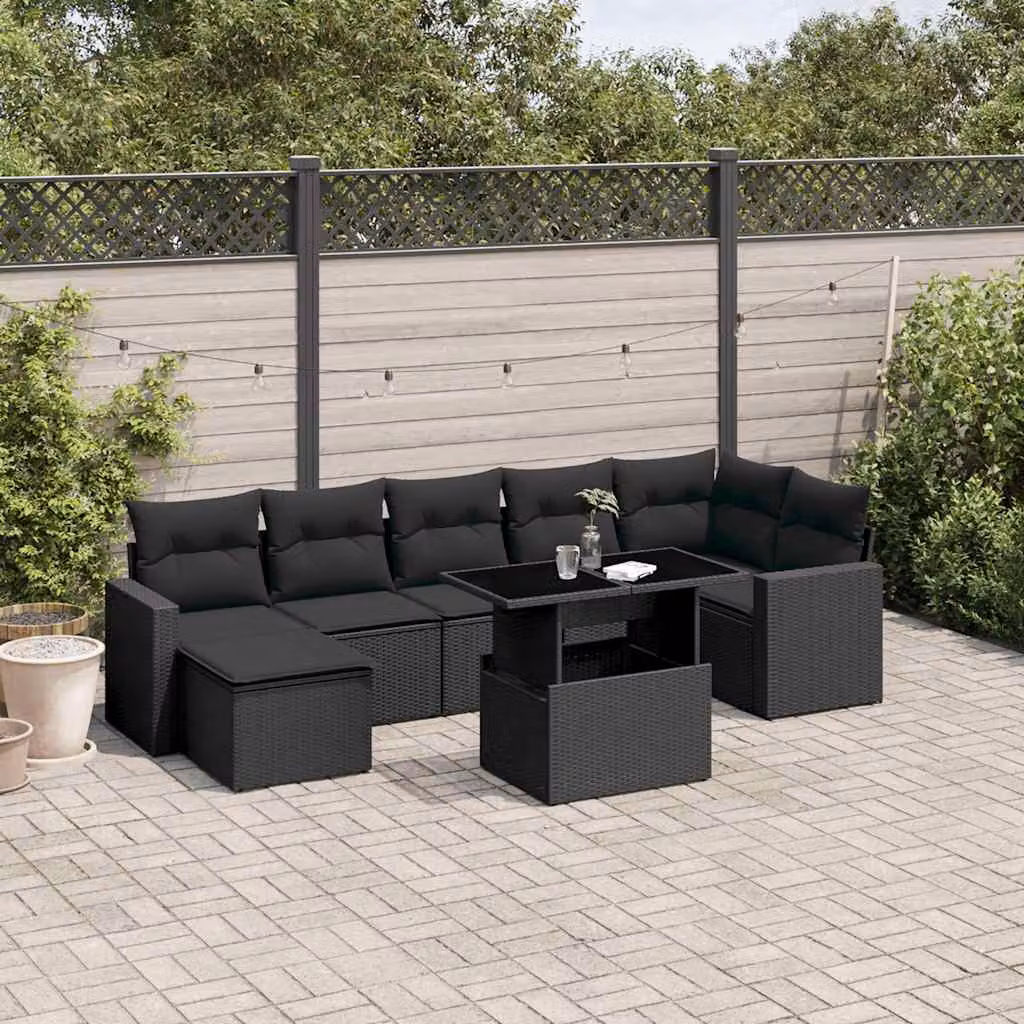 vidaXL Set Divani da Giardino a L con Cuscini 8 pz Nero in Polyrattan e Acciaio – 1