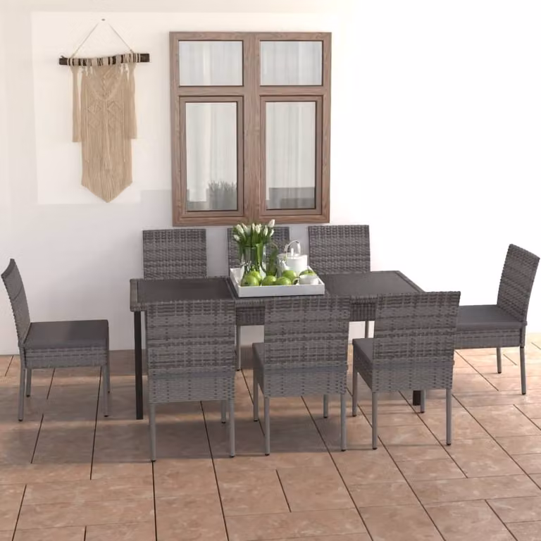 The Living Store 9 pezzi. Set da pranzo da giardino Poly Rattan Grigio