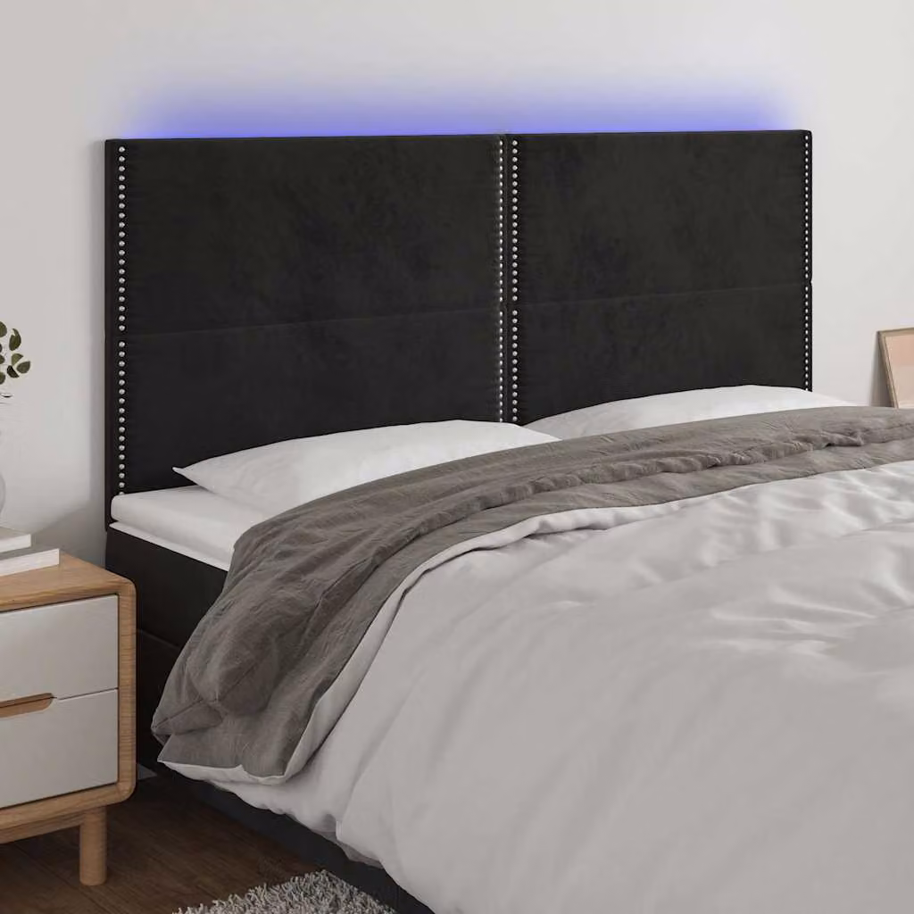 Testiera per letto vidaXL in velluto nero con illuminazione LED e porta USB, L: 200 cm, P: 5 cm, H: 118/128 cm