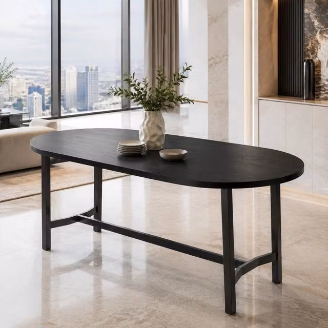 Tavolo da pranzo 180x80x75 cm con gambe in ferro nero, per 6-8 persone, angoli arrotondati