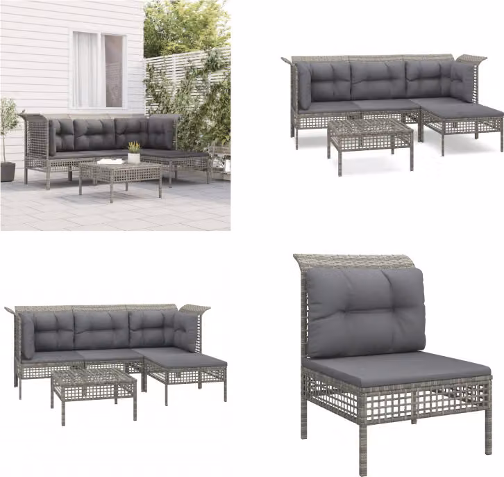 vidaXL Set salotto da giardino 5 pezzi con cuscini in poly rattan grigio - Set salotto da giardino - Set salotto da giardino - Set salotto da esterno - Set salotto da patio