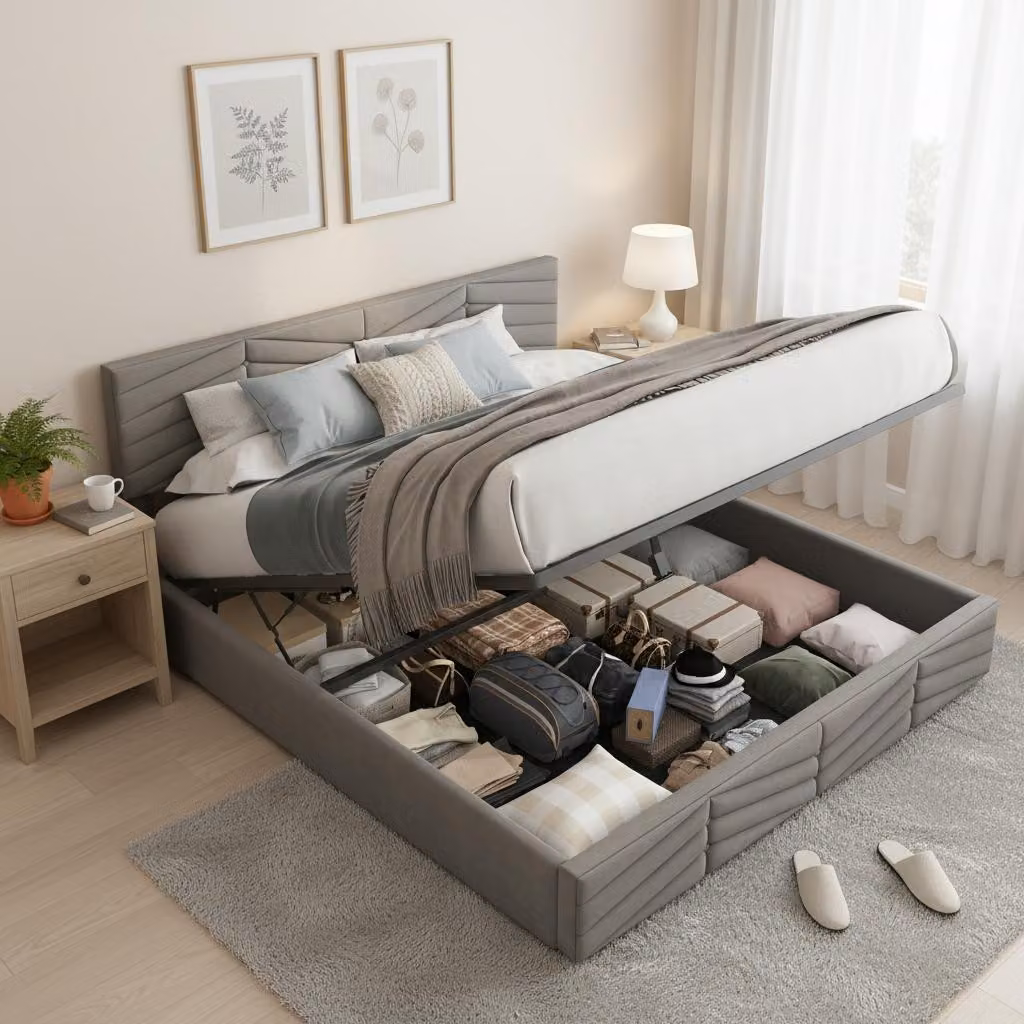 Letto imbottito 140x200 cm, grigio, in velluto, con spazio contenitore, poggiatesta regolabile in altezza e rete a listelli, ideale per la camera da letto