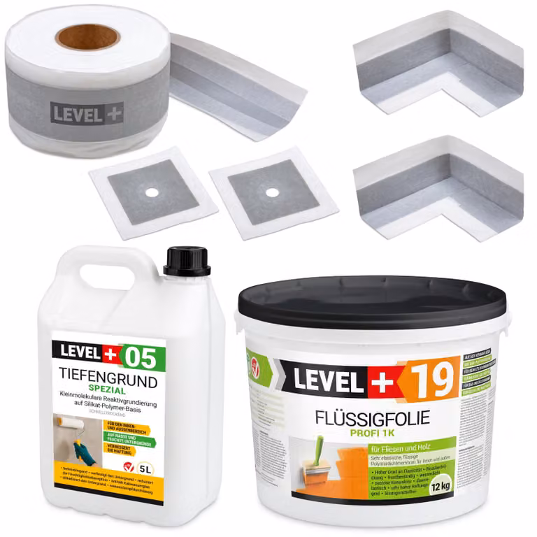 Kit di impermeabilizzazione: membrana liquida 12 kg, nastro 10 metri, primer 5 litri. Adatto per giunti, angoli, balconi e bagni. Modello: LEVEL+ SET543