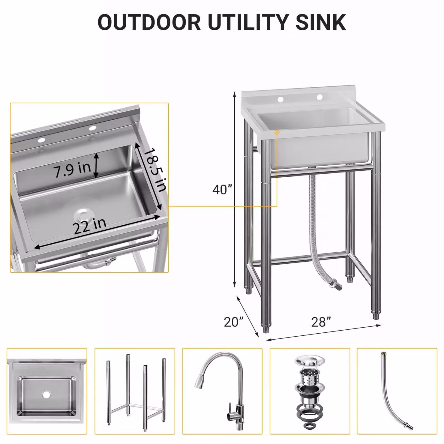Lavello indipendente – lavello per uso professionale (ristorazione e officina) – acciaio inossidabile 304 – vasca singola – 1 foro per rubinetto – schienale – piedi regolabili – 53 x 53 x 84 cm